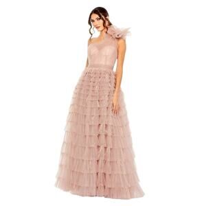 Mac Duggal 20447 One Shoulder Faux Bow Feather Tiered A-Line Gown Size 8 NWT